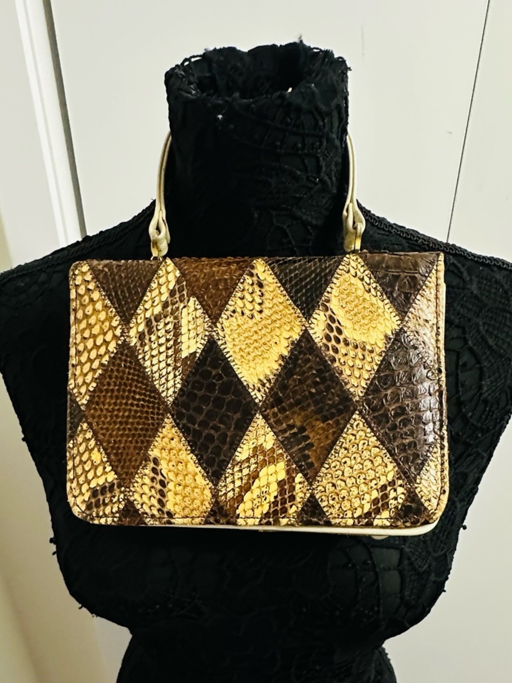 Vintage Snakeskin Patchwork Mini Top Handle Bag | Neutral Brown & Cream Leather